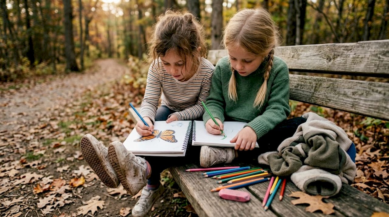 Des enfants installés dehors s’amusent à dessiner des papillons au grand air.