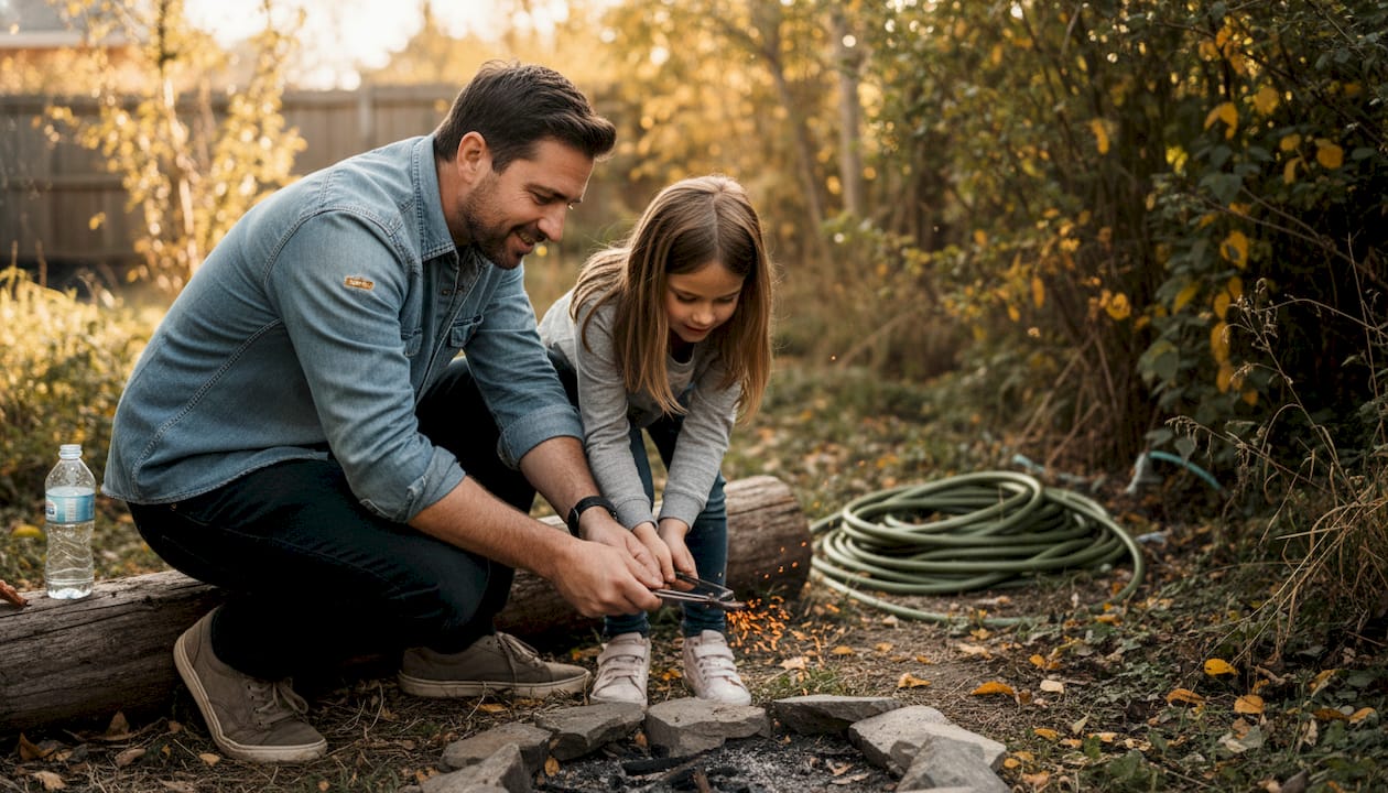 Parent teaching fire safety outdoors to child