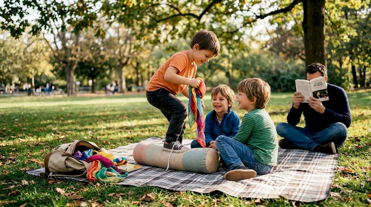Des enfants s’amusent dehors avec des traversins, profitant du grand air pour inventer toutes sortes de jeux.