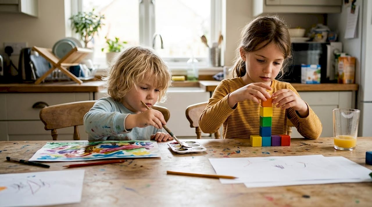 Children painting and building at kitchen table