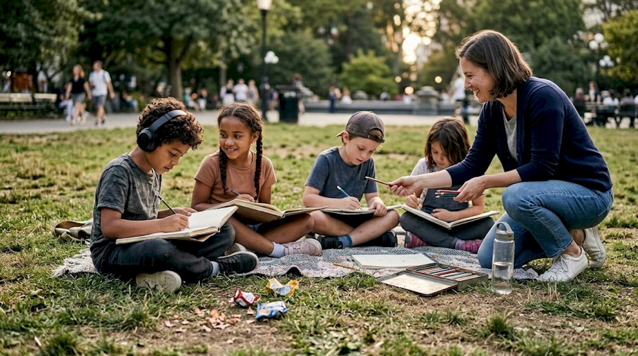 Un groupe d'enfants de tous horizons s'amuse à dessiner la nature dans un parc.