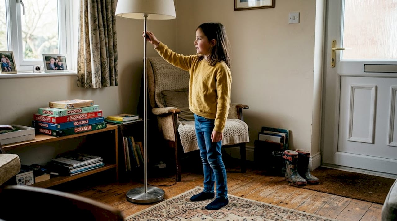 Child turning off lamp in family living room