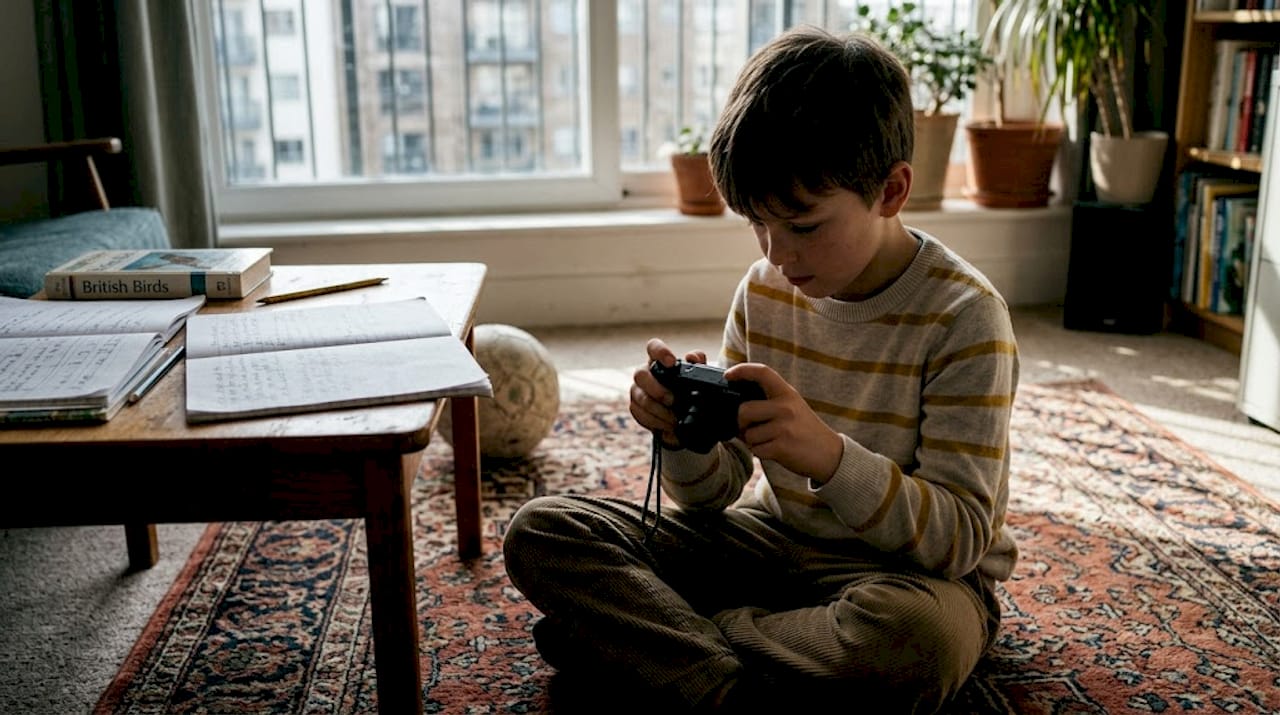 Child sorting photos on living room rug