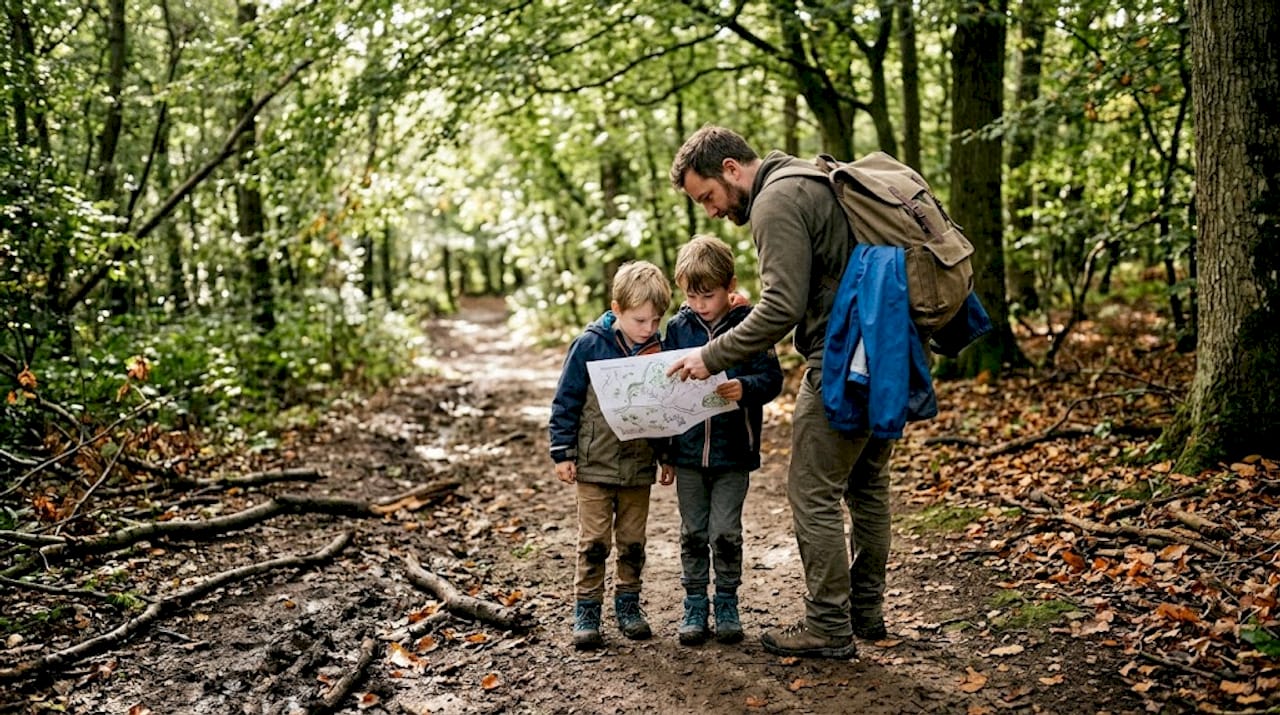 Une famille part à l’aventure en forêt, guidée par une carte dessinée à la main.
