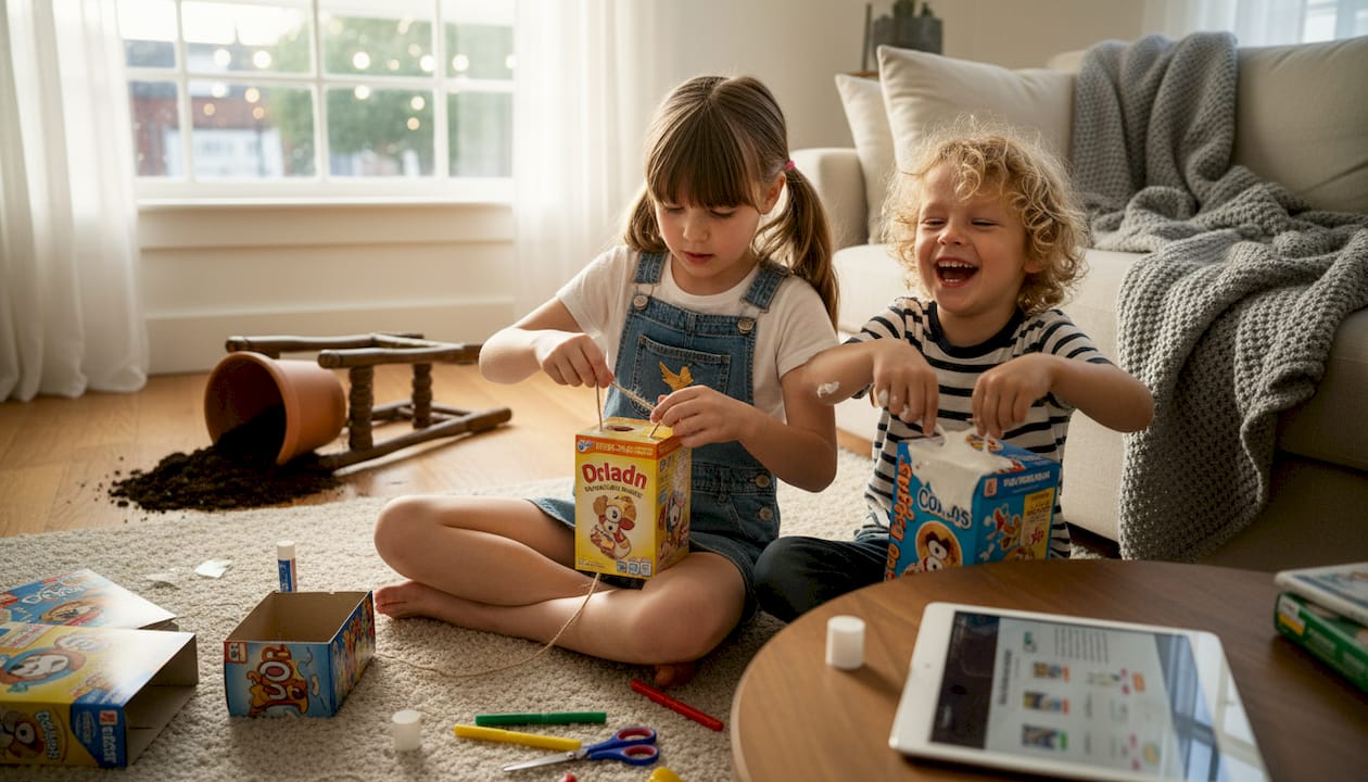 Kids making upcycled crafts at home