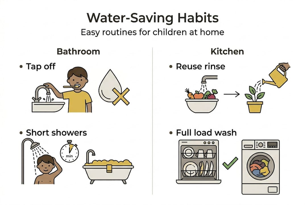 Infographic listing daily water-saving habits for kids