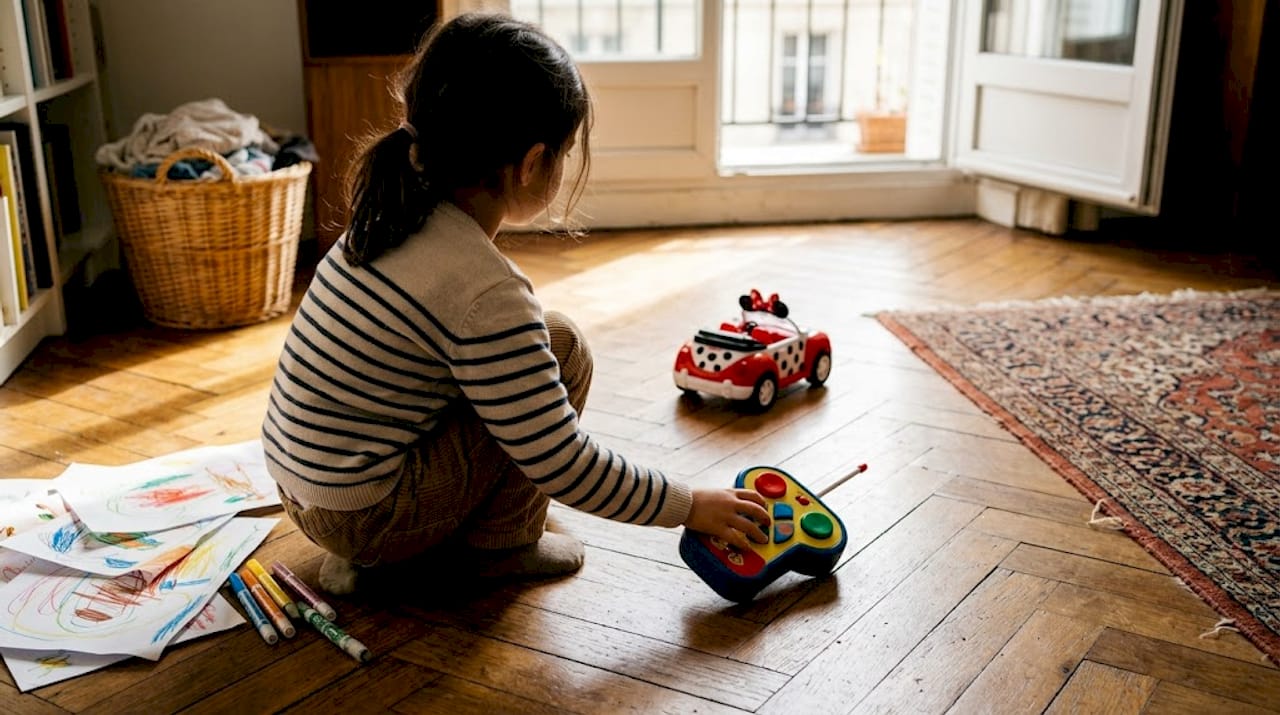 Petite fille s’amusant avec une voiture Minnie télécommandée