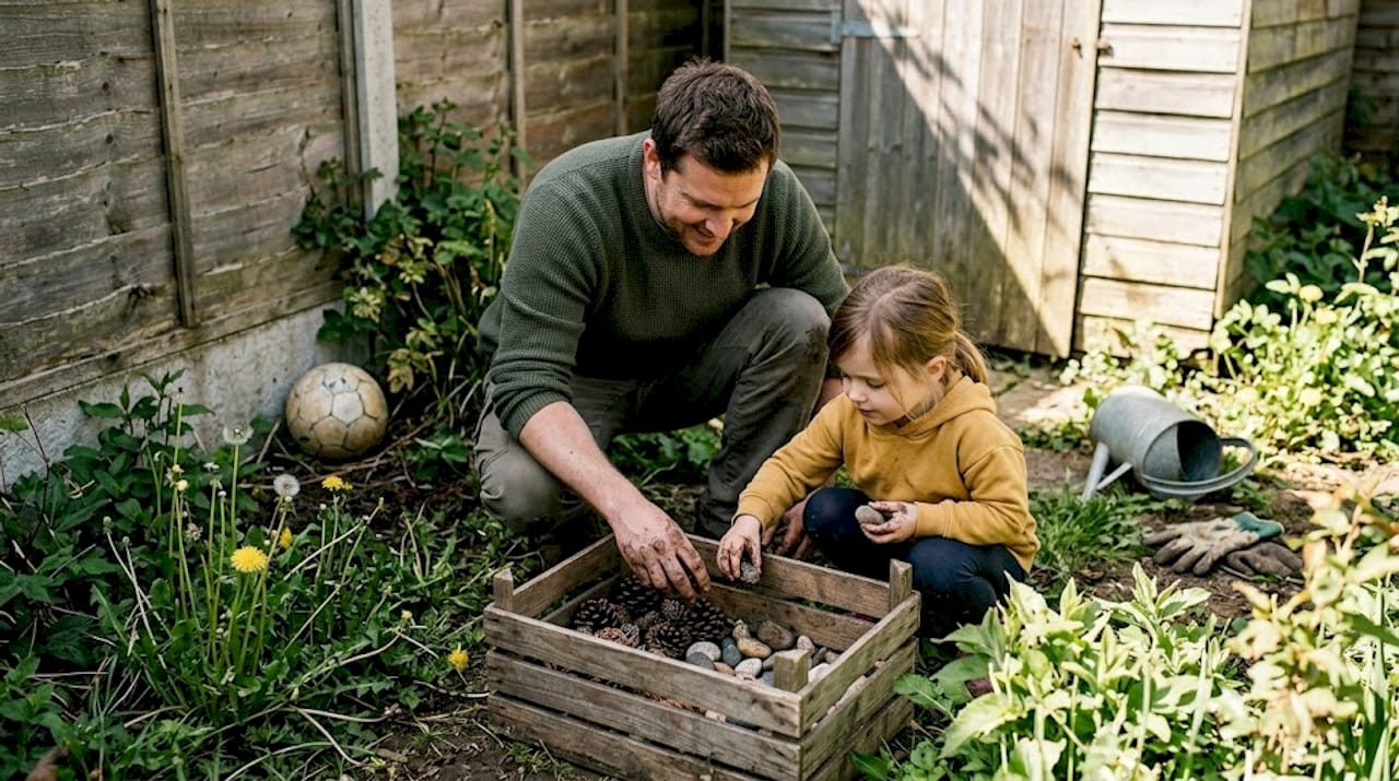Family collecting pinecones in backyard setting
