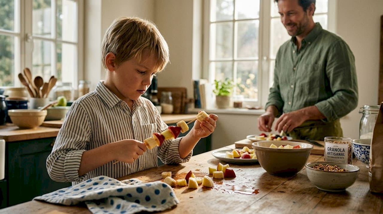Un enfant prépare des brochettes de fruits frais pour le goûter.