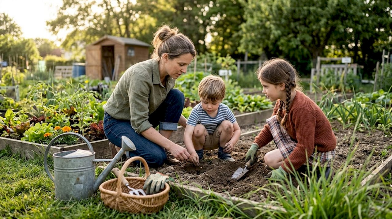 Les enfants découvrent le jardinage aux côtés de leur maman.