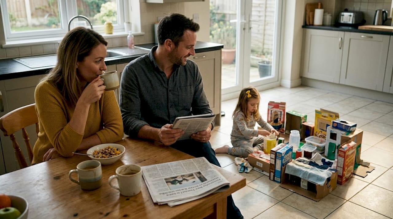 Family observes child building with recycled items