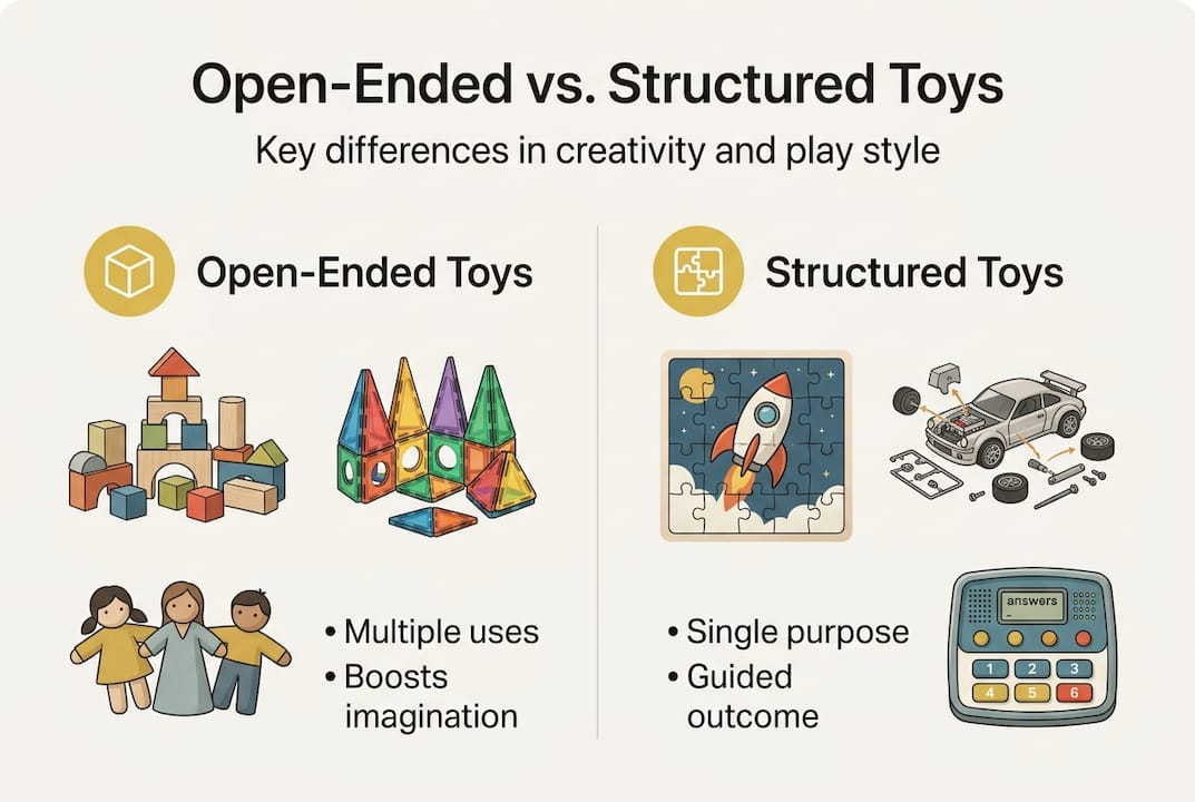 Infographic comparing open-ended and structured toys