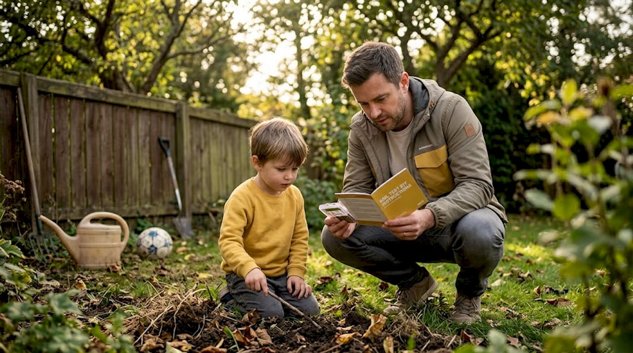 Parent and child testing garden soil together