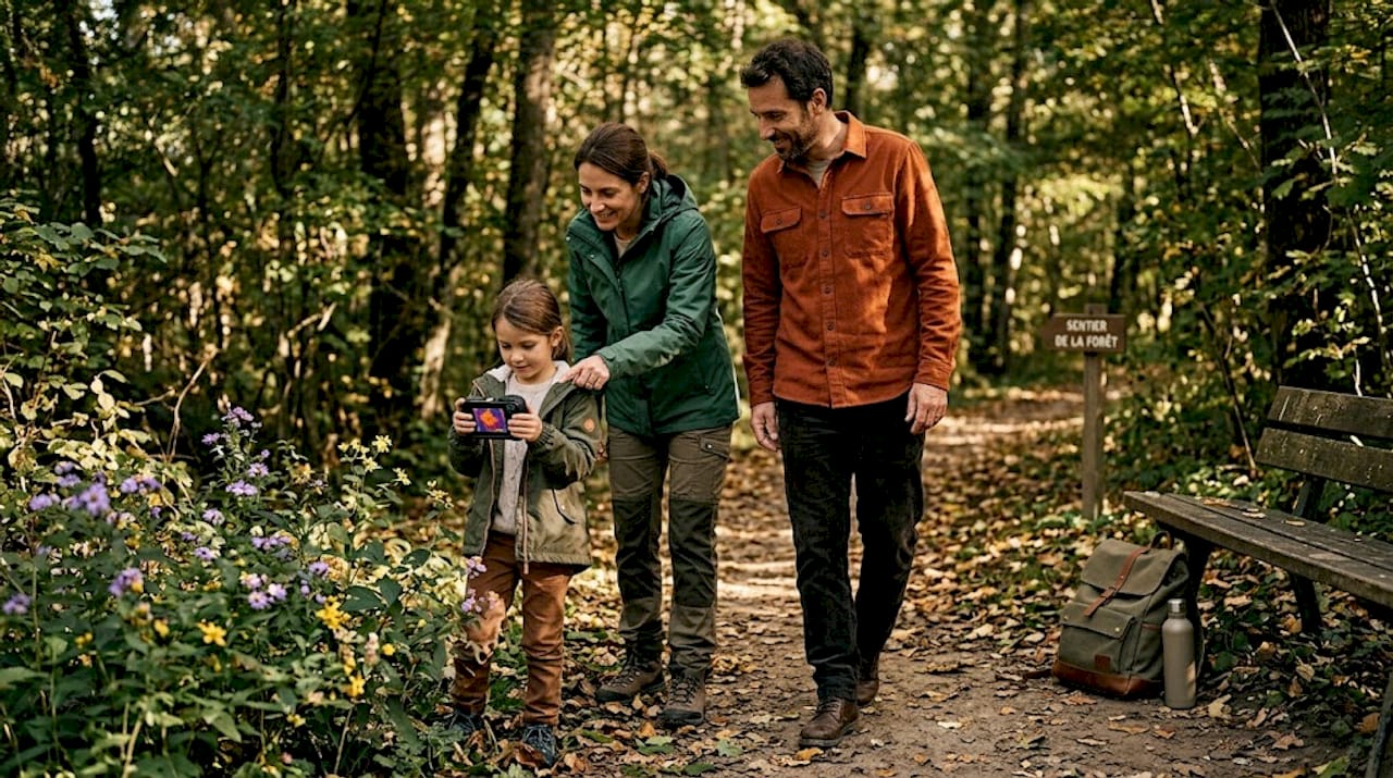 Une famille profite d'une promenade en pleine nature et s'amuse à explorer les alentours avec une caméra thermique.
