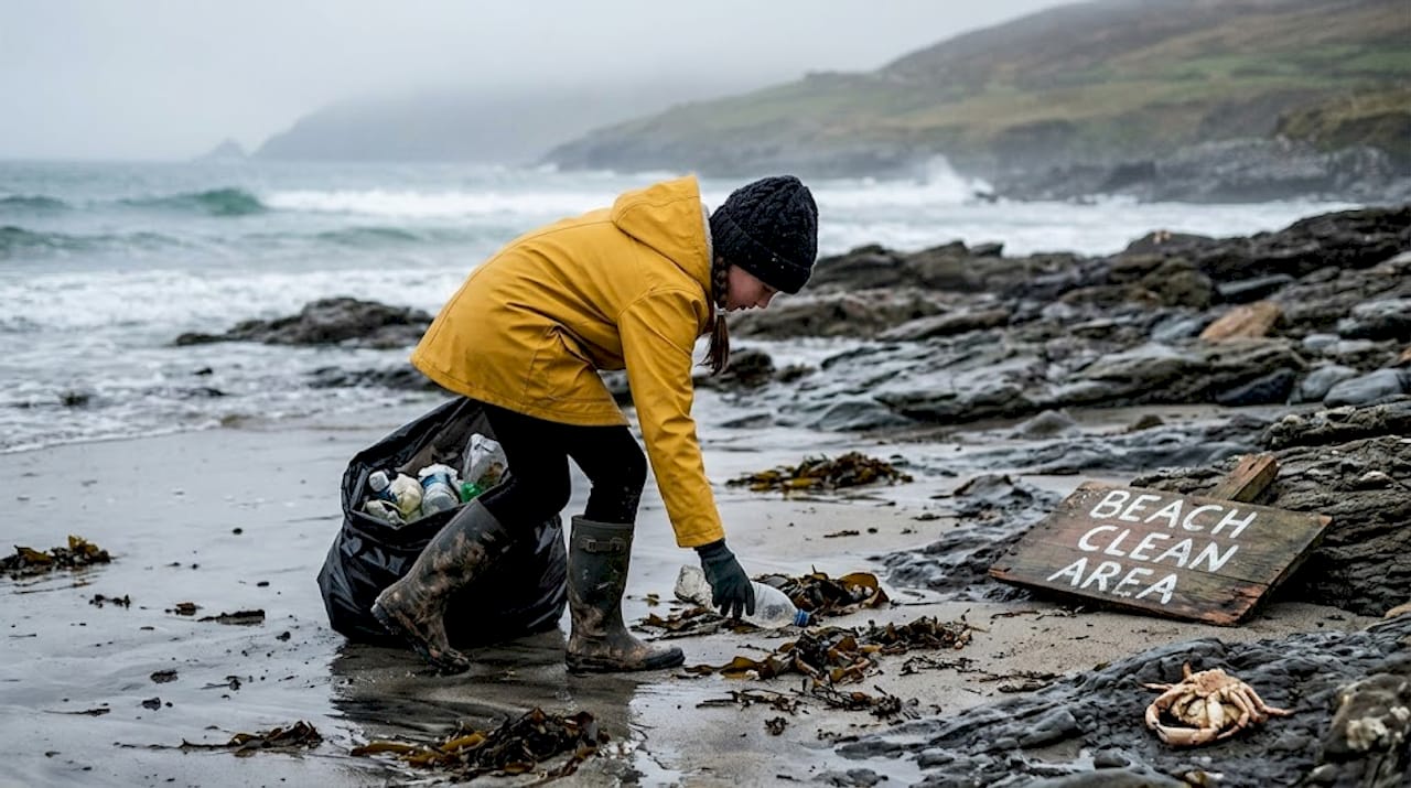 Child collecting rubbish on Irish beach
