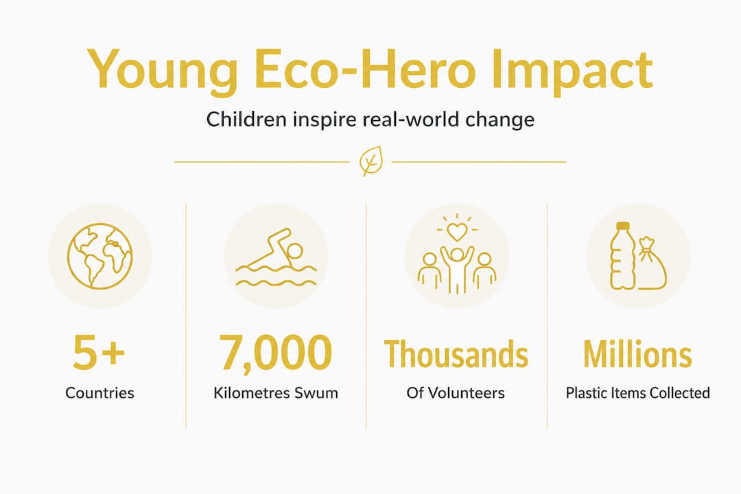 Infographic showing kids' eco-hero impact with headline stats