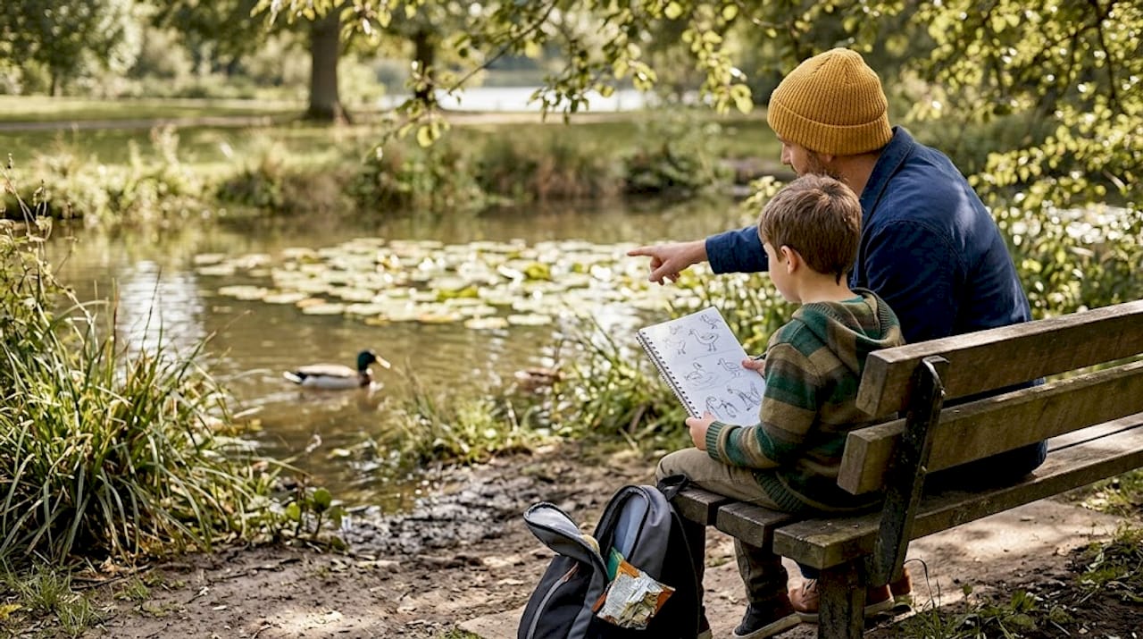 Parent and child watching wildlife at pond