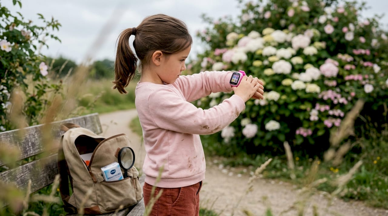 Une petite fille s'amuse à prendre des photos de fleurs avec sa montre éducative.