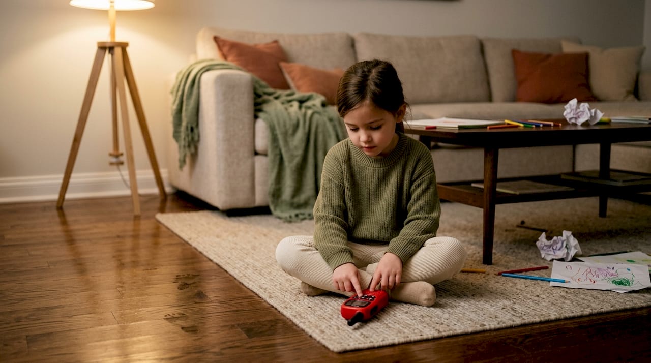 Un enfant s’amuse à explorer les boutons de sa radio VTech à la maison.