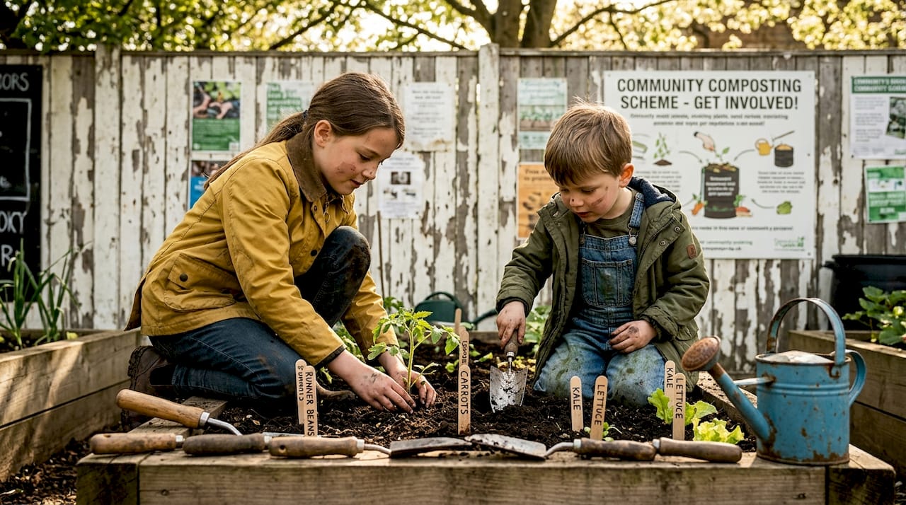 Children planting seedlings in garden