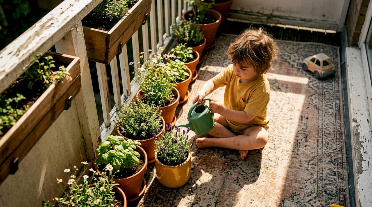 Child gardens on small city balcony