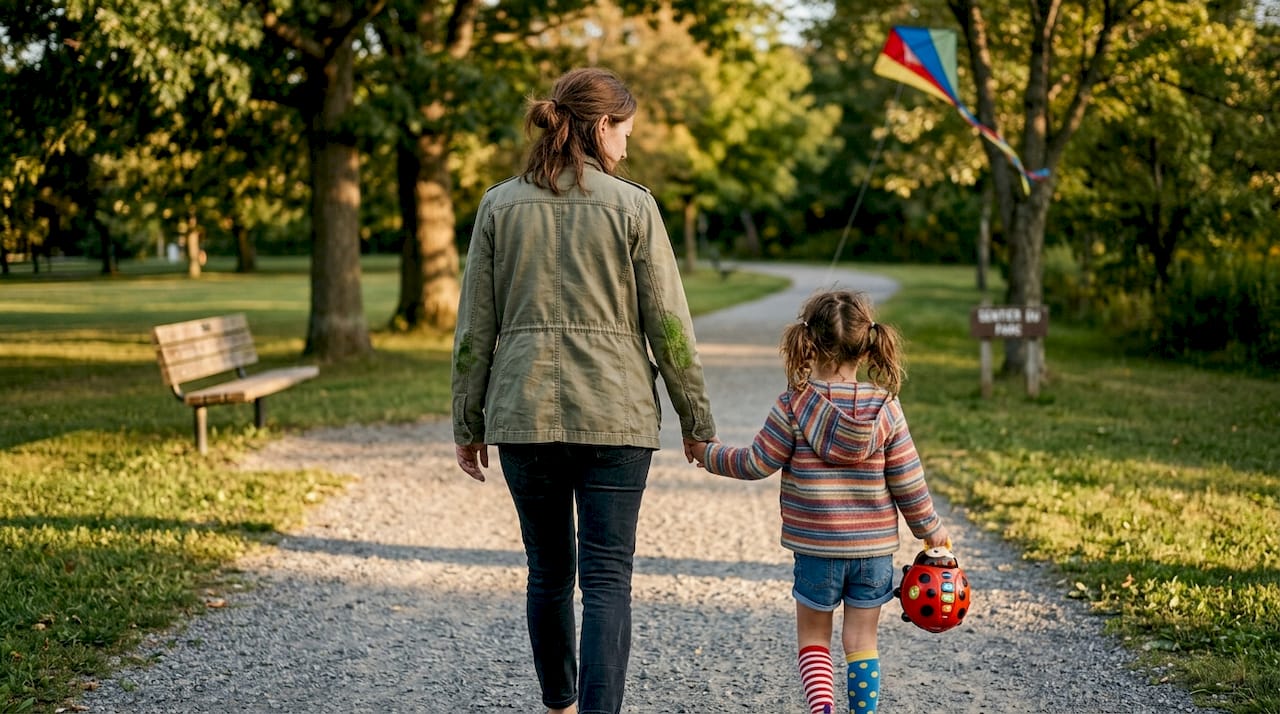 Un parent partage un moment de jeu en plein air avec son enfant, accompagnés de la coccinelle VTech.