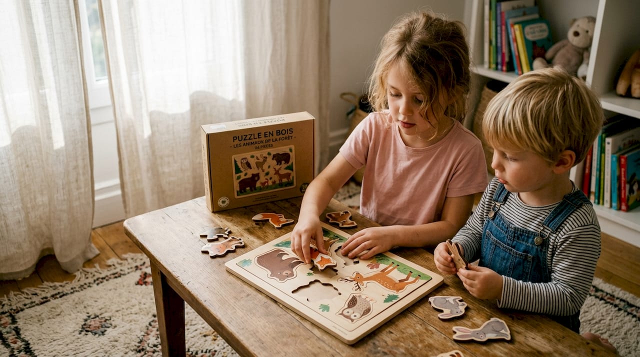 Des enfants s'amusent à construire un puzzle en bois respectueux de l'environnement.