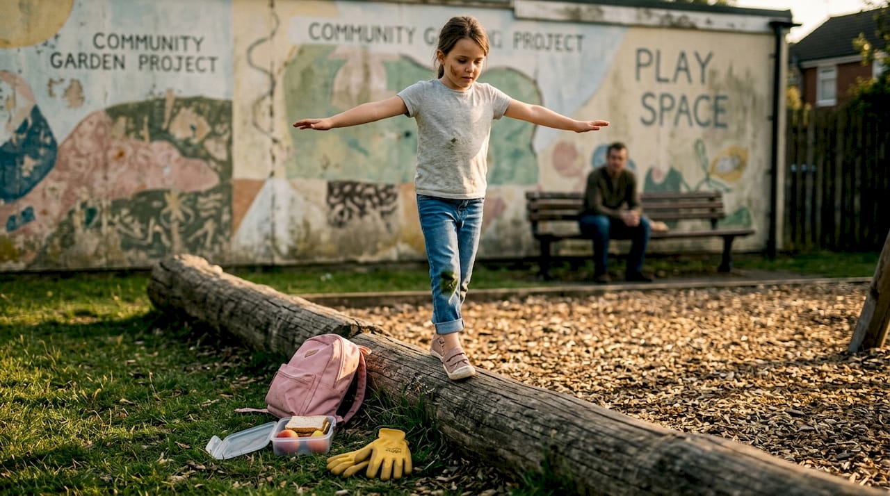 Girl balancing on log at playground