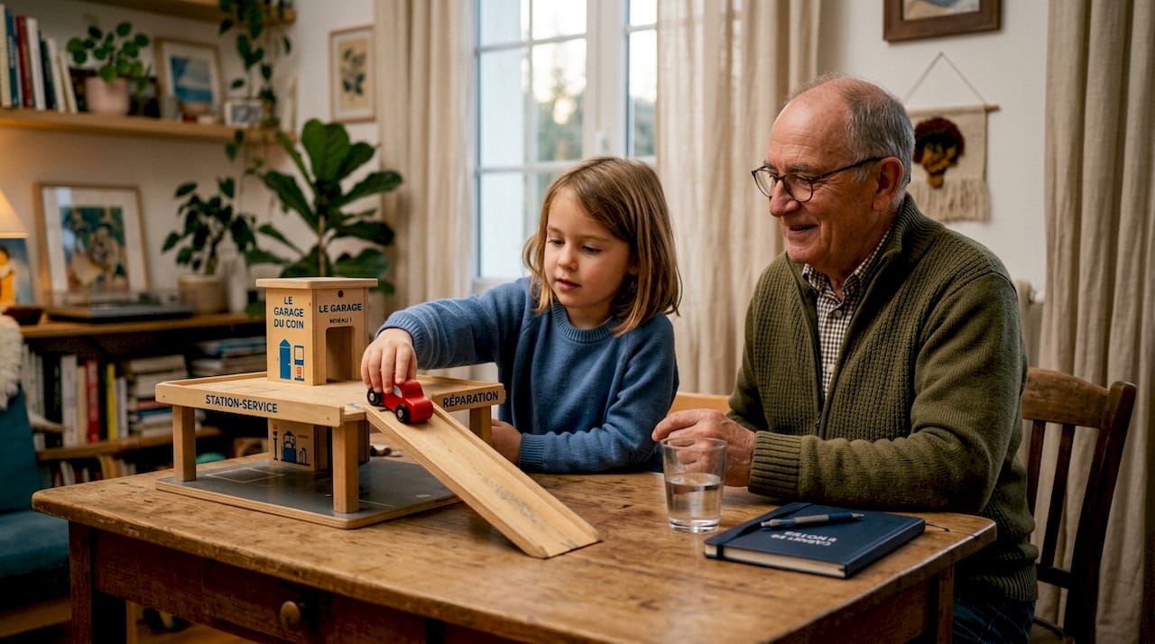 Une petite fille s’amuse avec un garage en bois, sous l’œil bienveillant de son grand-père.
