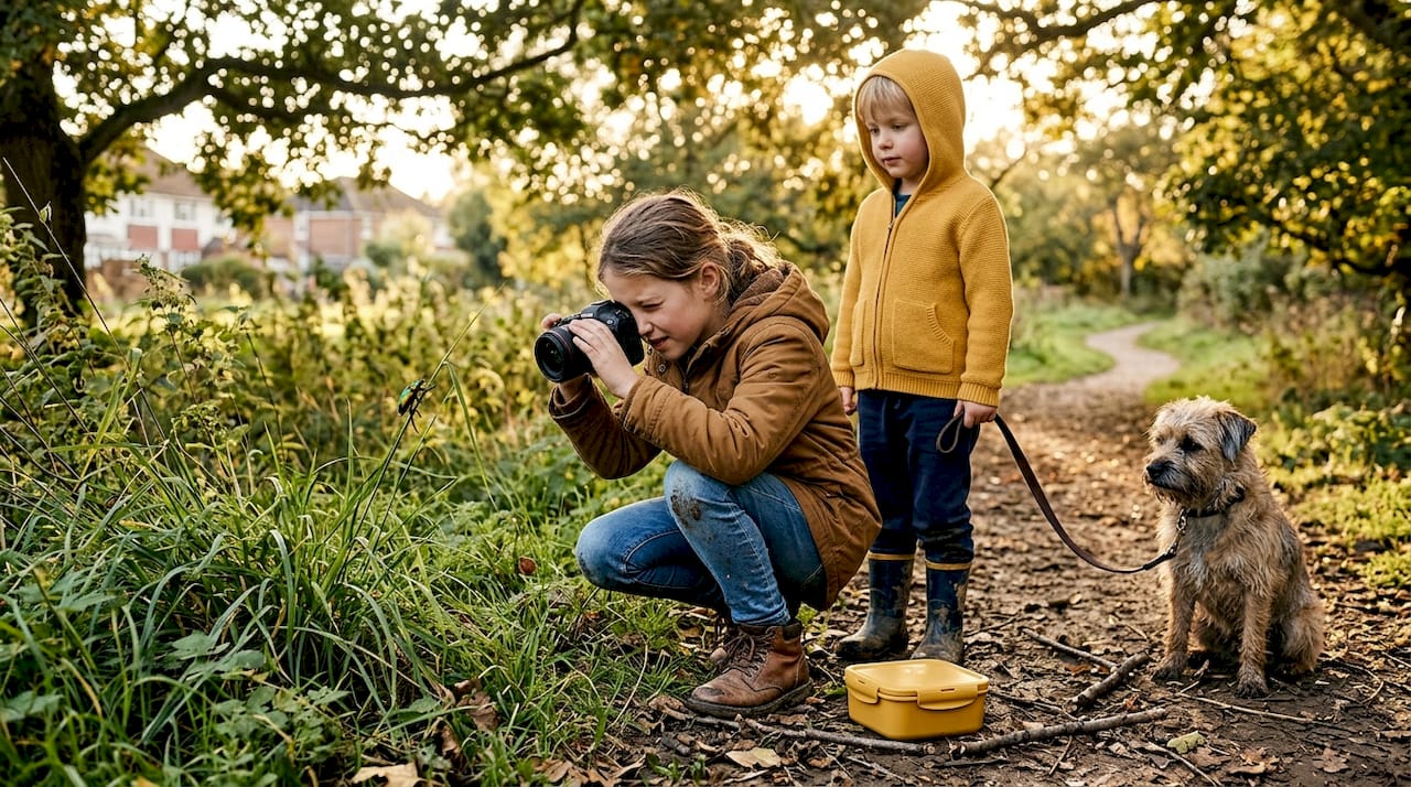 Child photographing beetle on park trail