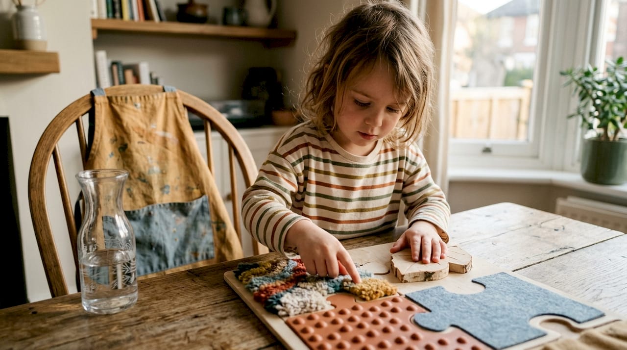 Un enfant s’amuse à découvrir un puzzle sensoriel chez lui.