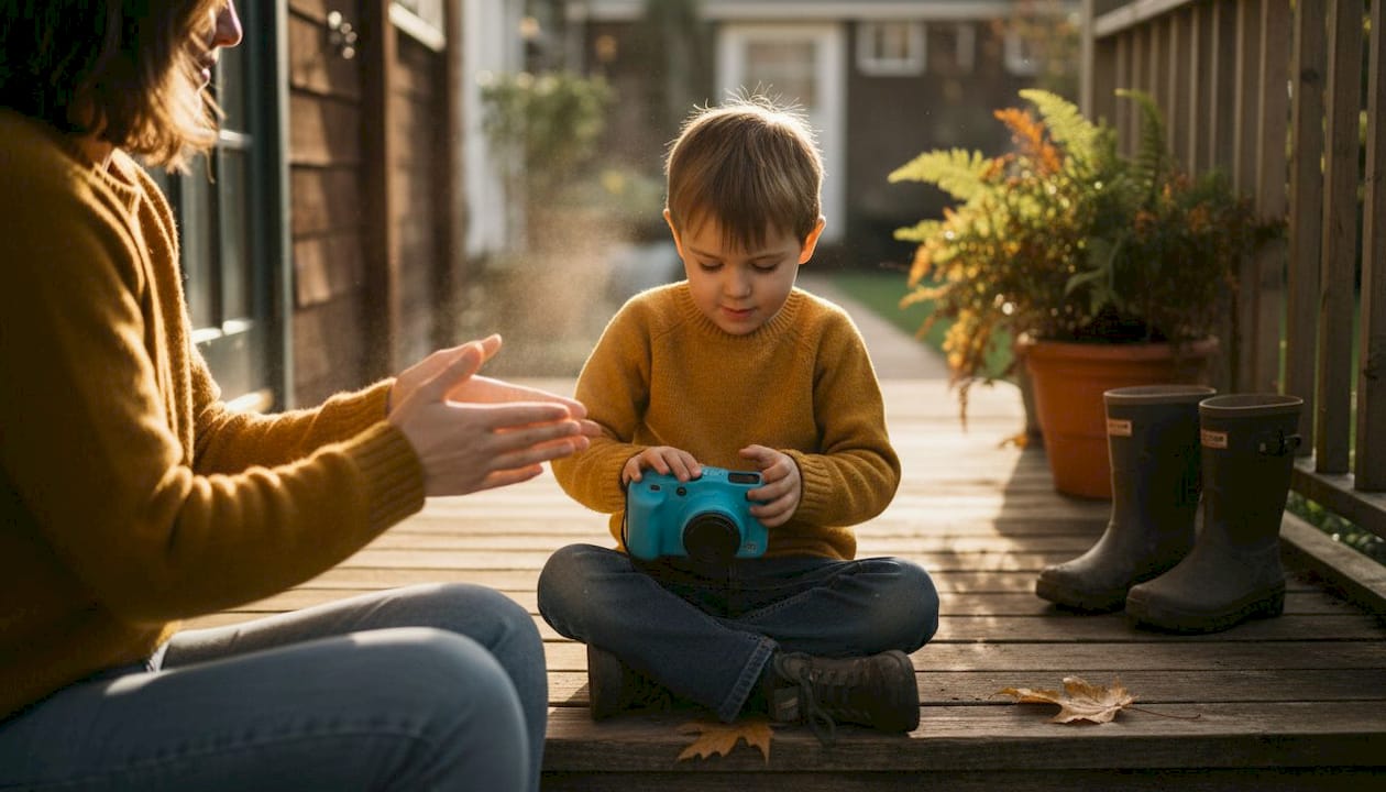 Young boy learning to use camera on porch