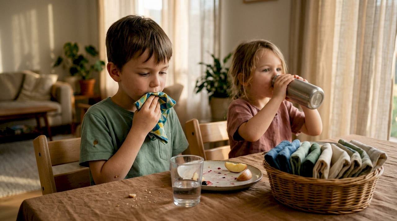 Les enfants se servent de lingettes réutilisables au moment du goûter.