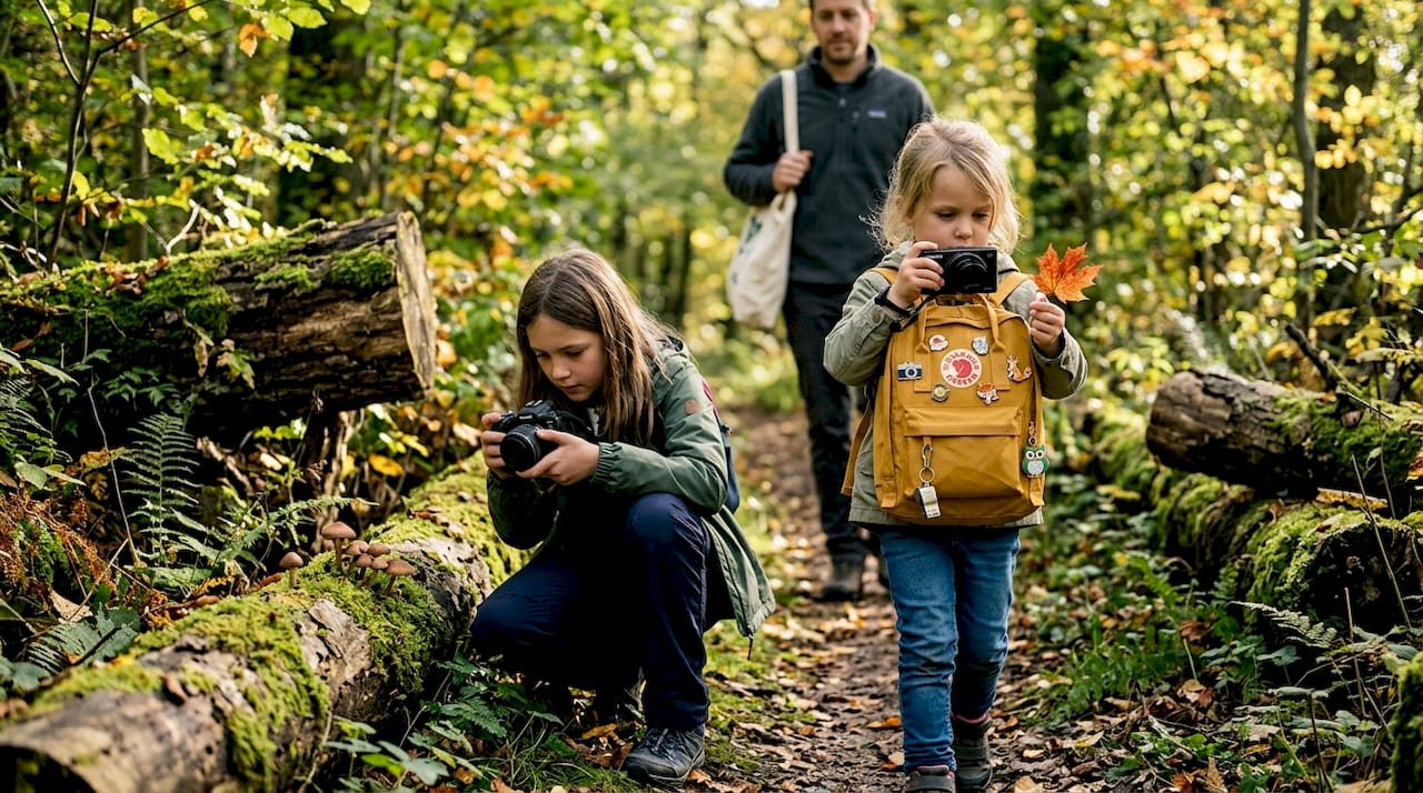 Children taking nature photos during woodland walk