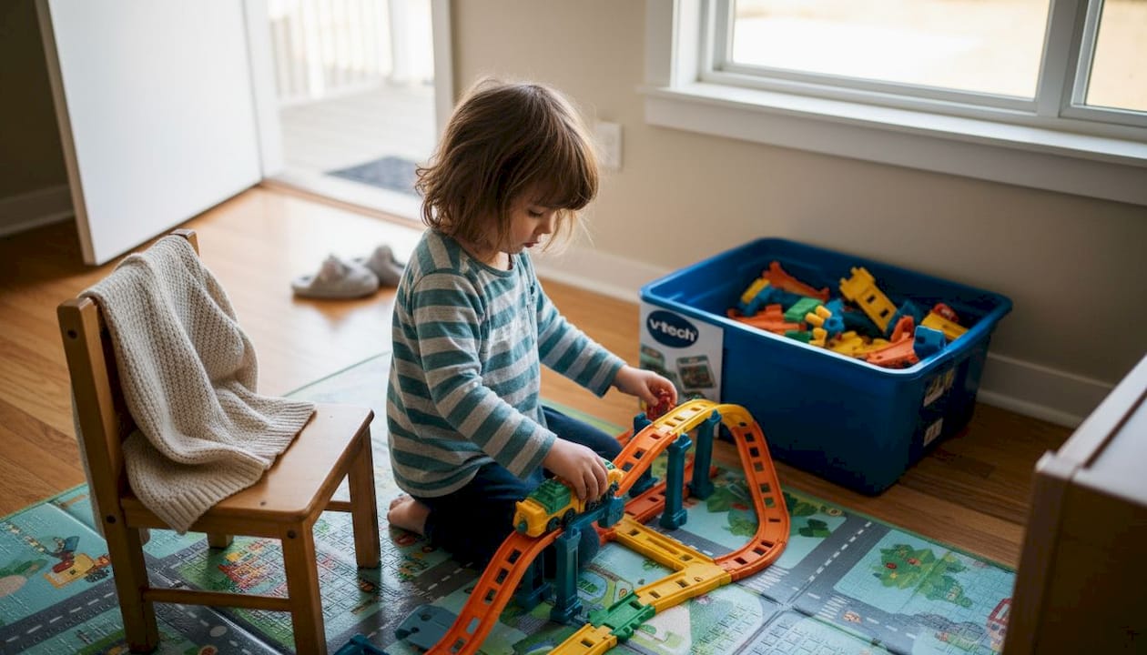 Dans sa chambre, un enfant s’amuse à modifier les circuits de son jouet Vtech.