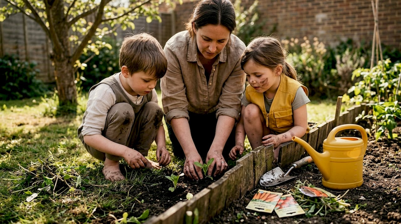 Family practicing earthing by gardening together