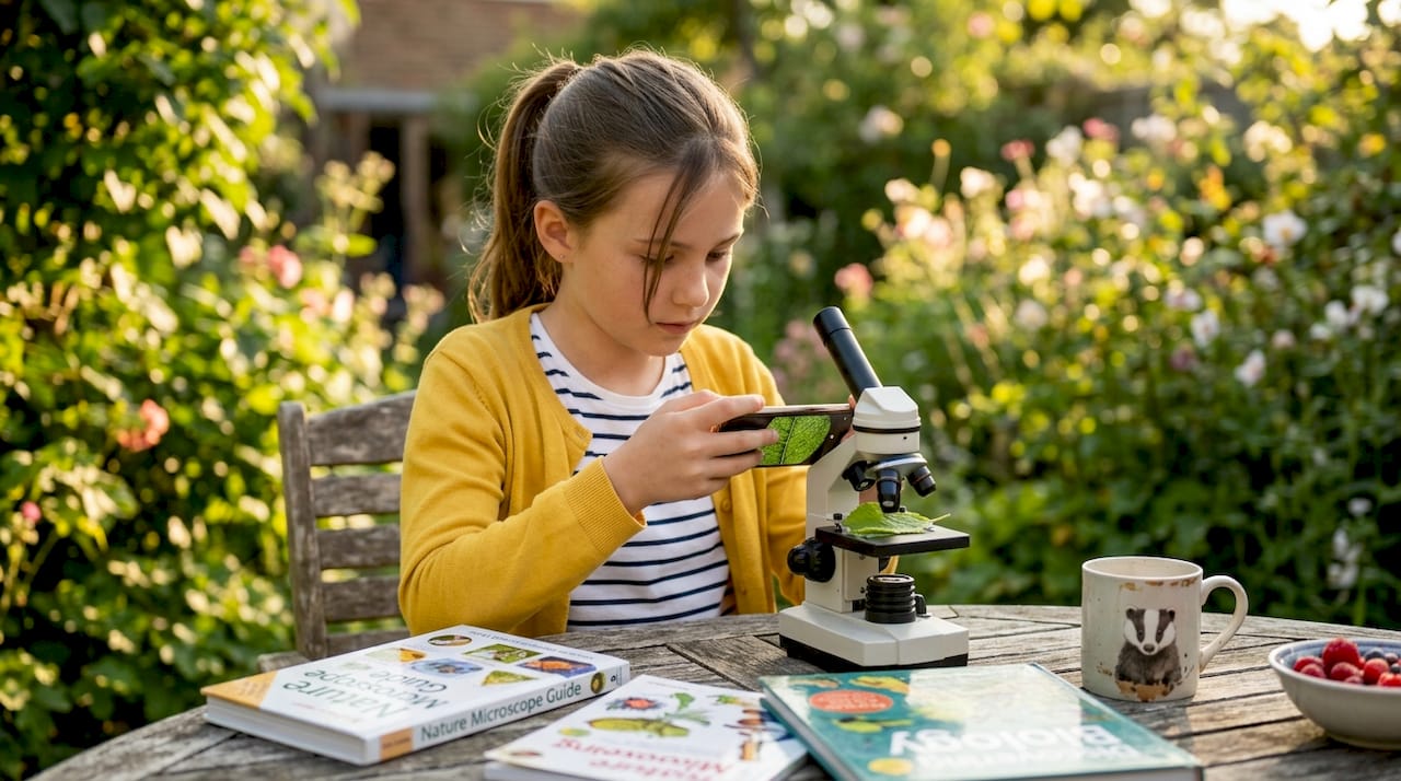 Girl photographing leaf under microscope at home
