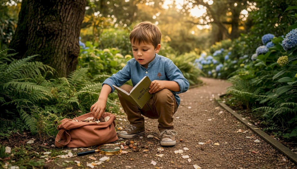 Un enfant curieux explore la nature, carnet à la main et loupe à l’œil, prêt à noter ses découvertes.