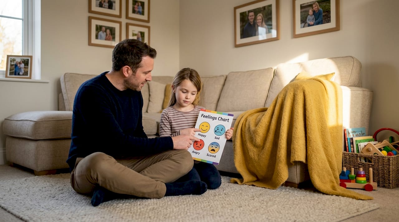 Father using feelings chart with daughter