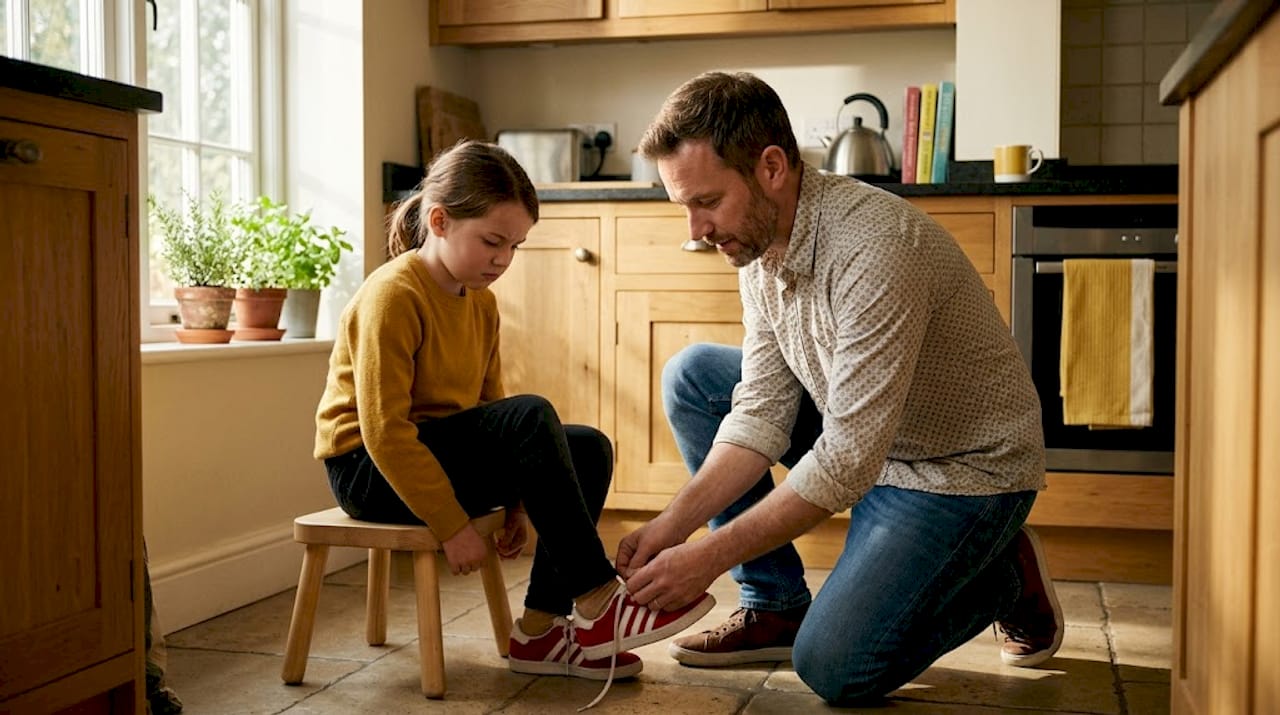 Father patiently helping frustrated daughter tie shoes