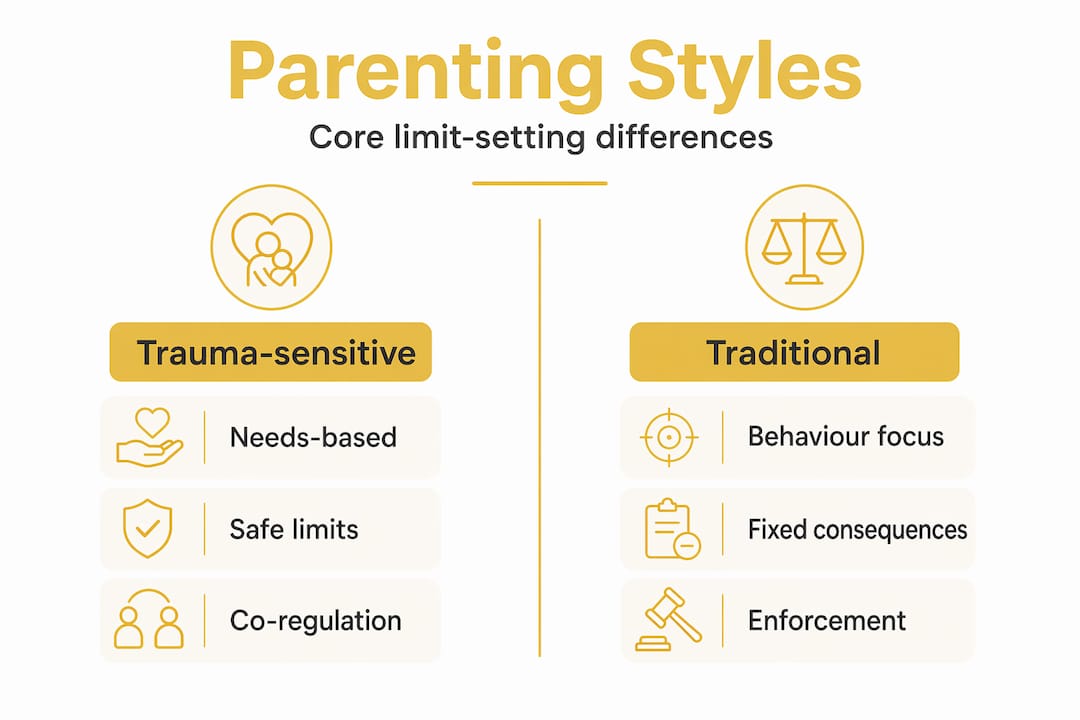 Infographic comparing trauma-sensitive and traditional parenting