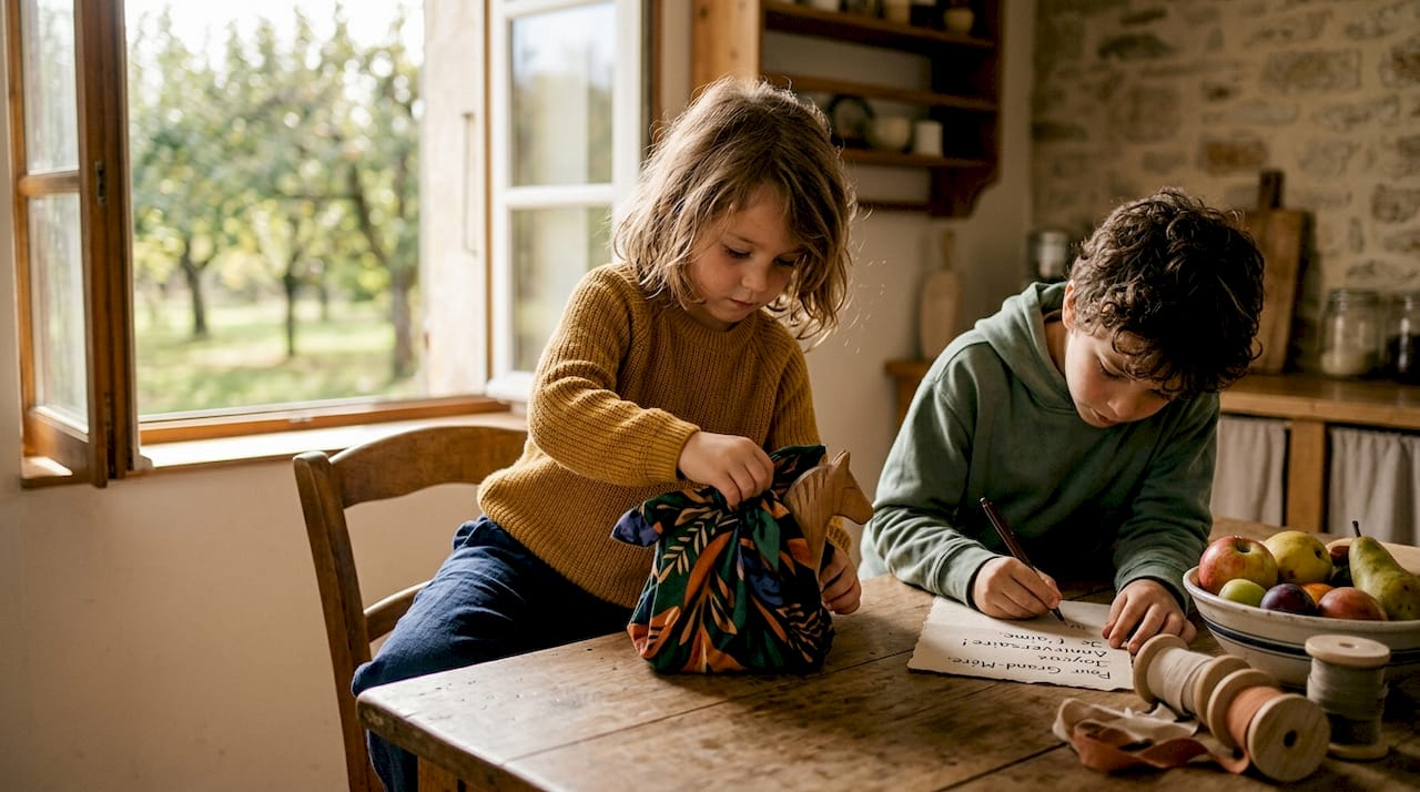 Des enfants préparent ensemble des paquets cadeaux respectueux de l’environnement.