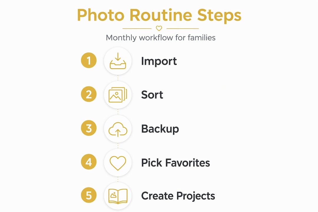 Infographic showing five steps in monthly photo routine