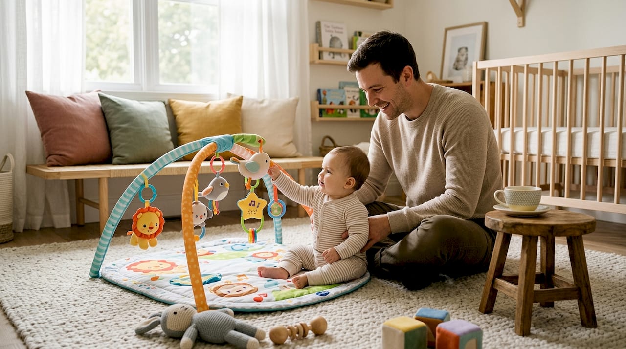 Un parent partage un moment de découverte avec son bébé sur le tapis d’éveil