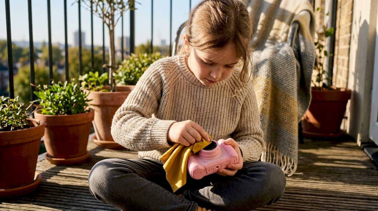 Child cleaning camera lens on rug
