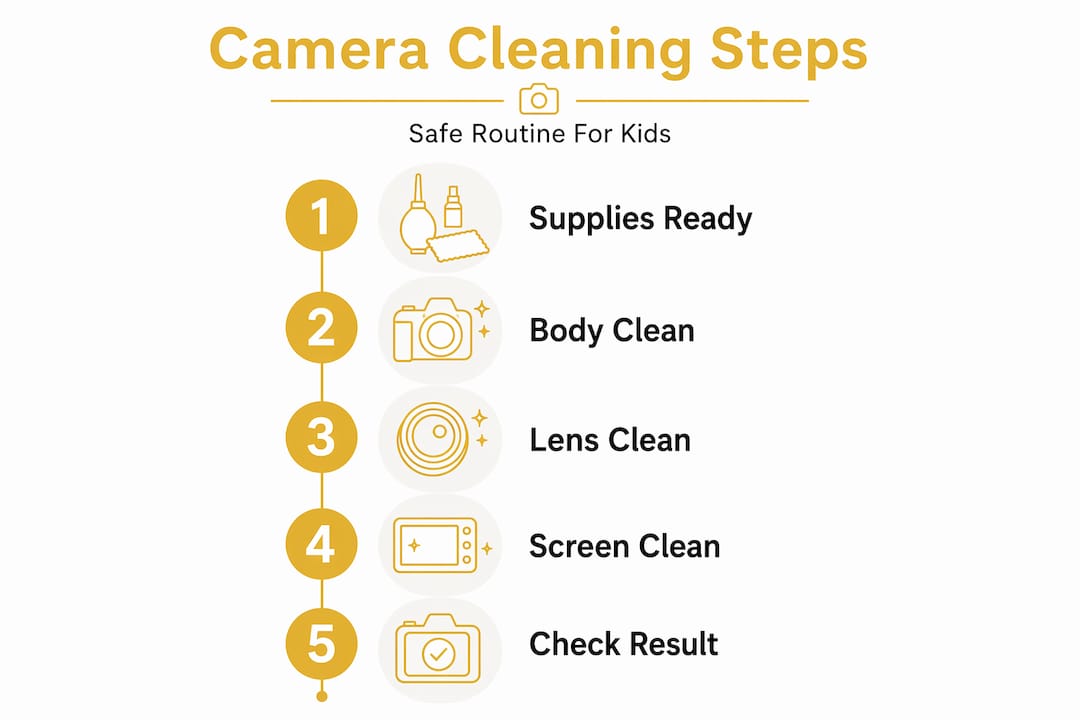 Infographic showing camera cleaning steps for kids