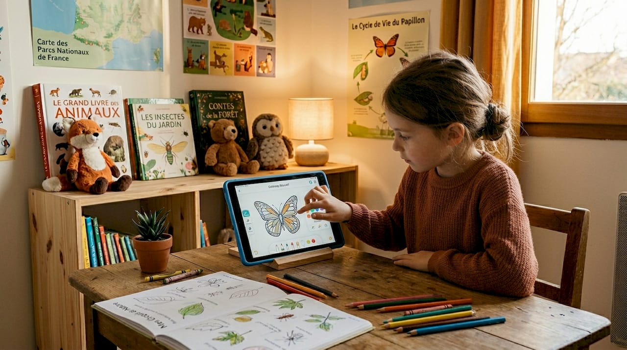 Une petite fille s’amuse à dessiner un papillon sur une application éducative.