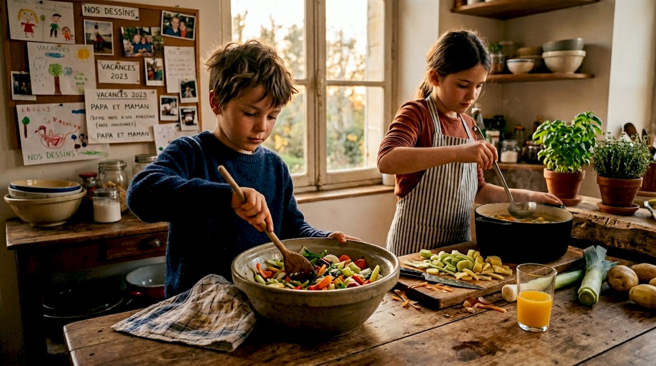 Un enfant prépare un petit plat en utilisant les restes du frigo.
