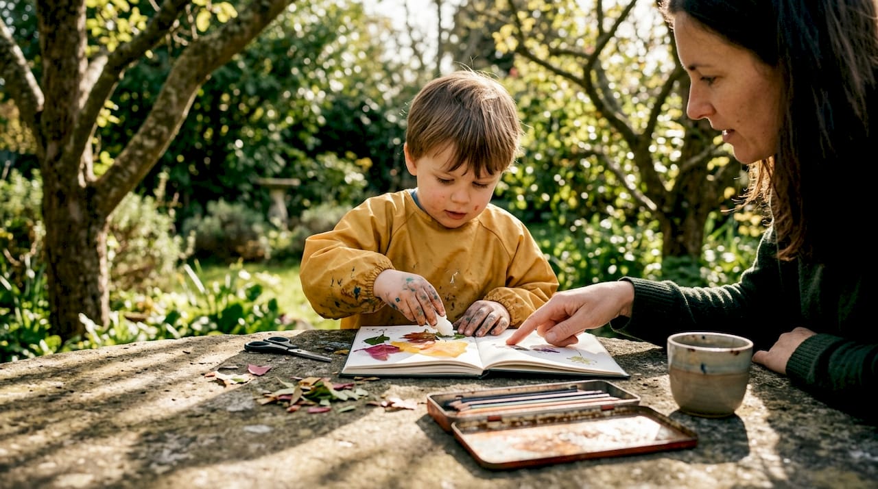 Child doing crafts on holiday patio table