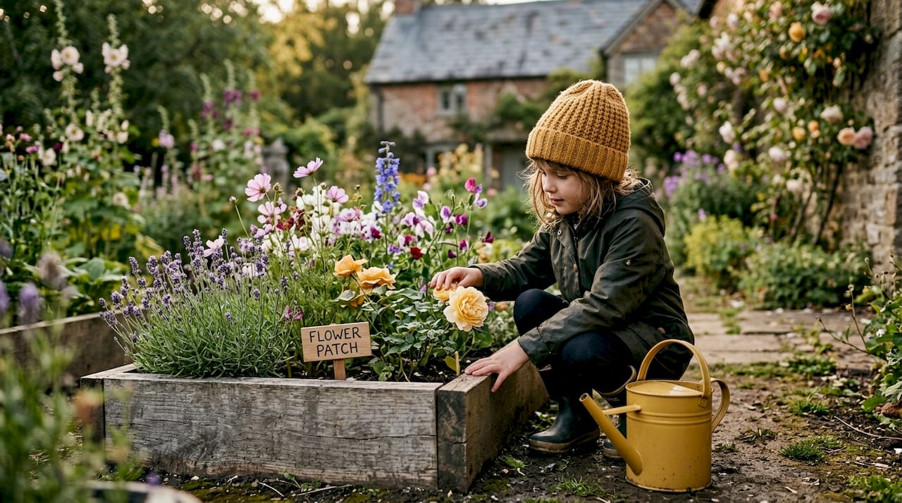Girl kneeling in backyard garden touching plants